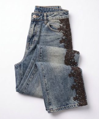 Pantalón Tejano con Strass y Puntilla